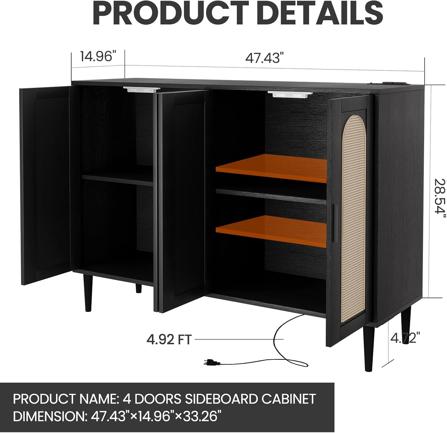 Patikuin Rattan Sideboard Buffet Cabinet, Boho Accent Storage Cabinet, 4 Doors Console Table Coffee Bar with Power Outlet, Adjustable Shelves for Kitchen, Dining Room, Hallway, Living Room (Black_1)