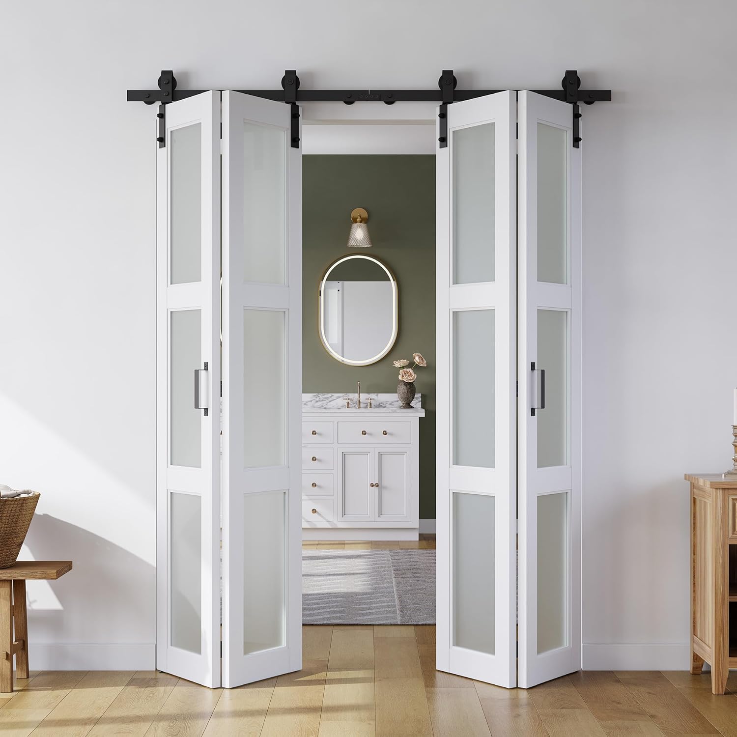 SMARTSTANDARD 64in x 84in Bifold Barn Door, Frosted Glass Barn Door with Hardware Kit Included, Pre-Drilled Holes Easy Assembly -Solid Barn Doors Slab Covered with Water-Proof PVC Surface, White