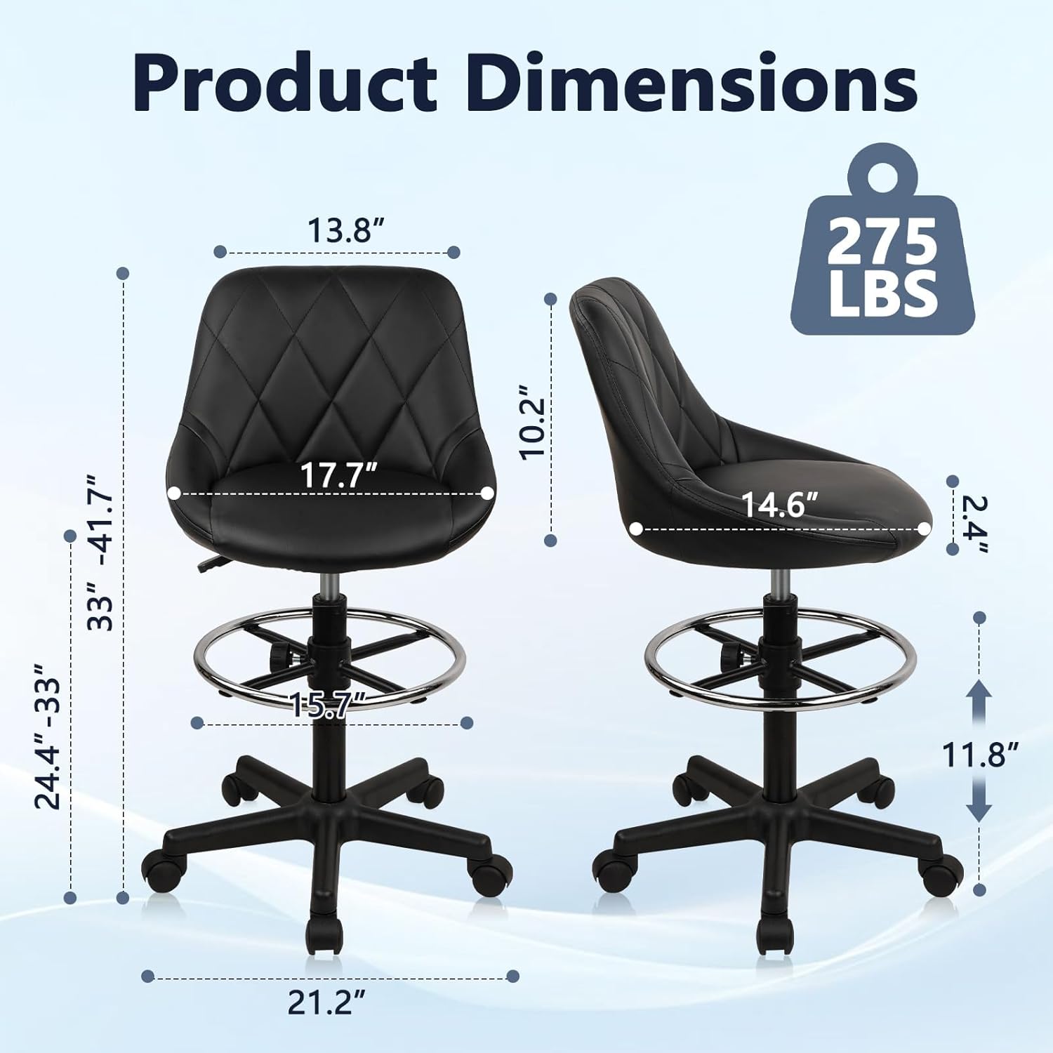 KLASIKA Adjustable Drafting Chair with Backrest & Wheels, Tall Swivel Rolling Stool with Height Adjustable Footrest, PU Leather Ergonomic Office Desk Chair for Workshop Home Kitchen Bar, Black