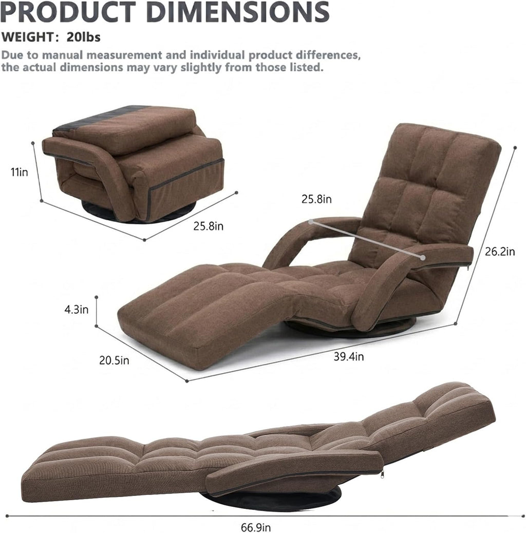 360° Swivel Floor Gaming Chair with Adjustable Footrest, 14-Position Folding Floor Lounger Sofa with Armrests, Reclining Floor Chair for Adults, Reading, Gaming & Relaxing (Brown)