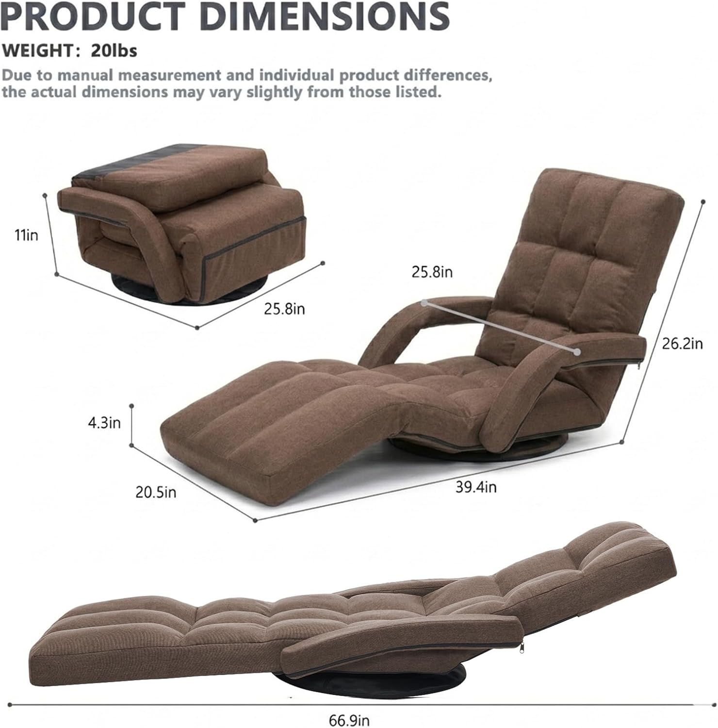 360° Swivel Floor Gaming Chair with Adjustable Footrest, 14-Position Folding Floor Lounger Sofa with Armrests, Reclining Floor Chair for Adults, Reading, Gaming & Relaxing (Brown)