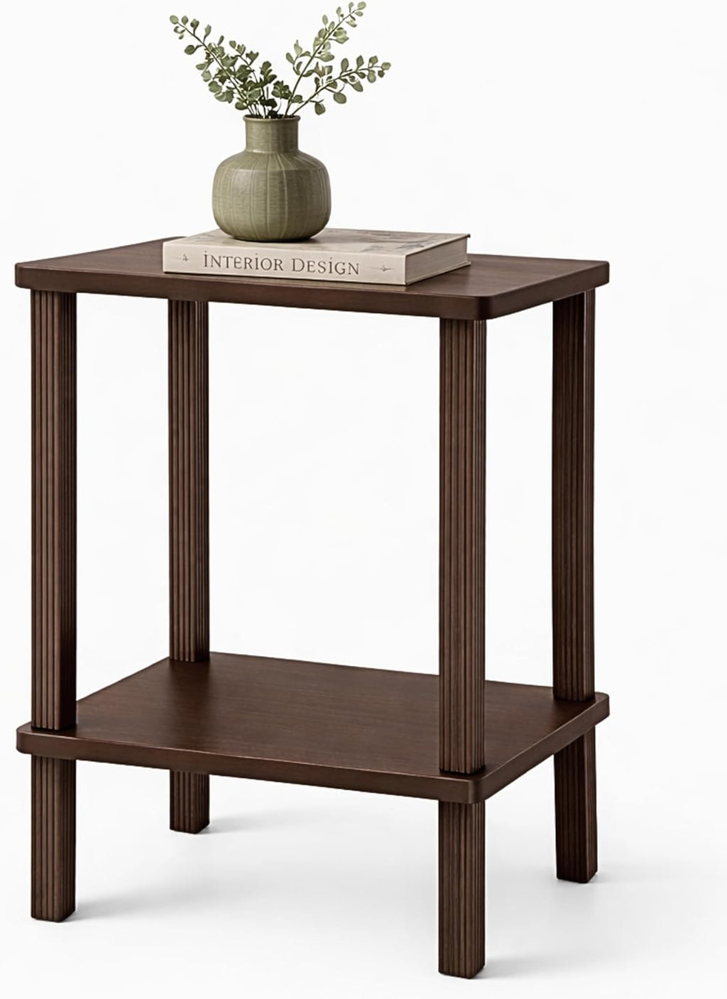 Retrograde Nightstand Side Table with Fluted Legs and Real Wood, for Night Stand, End Tables Living Room, Plant Stand Indoor, Nursery, Narrow Furniture, 2-Tiers, Easy Assembly, Dark Brown