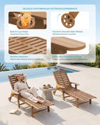 Lounge Chair Outdoor with Wheels & Cup Holder, 5-Position Adjustable Heavy Duty Patio Lounge Chair, HDPE Outdoor Chaise Lounge, 350 lbs Capacity, All Weather for Poolside, Deck, Backyard (Teak)