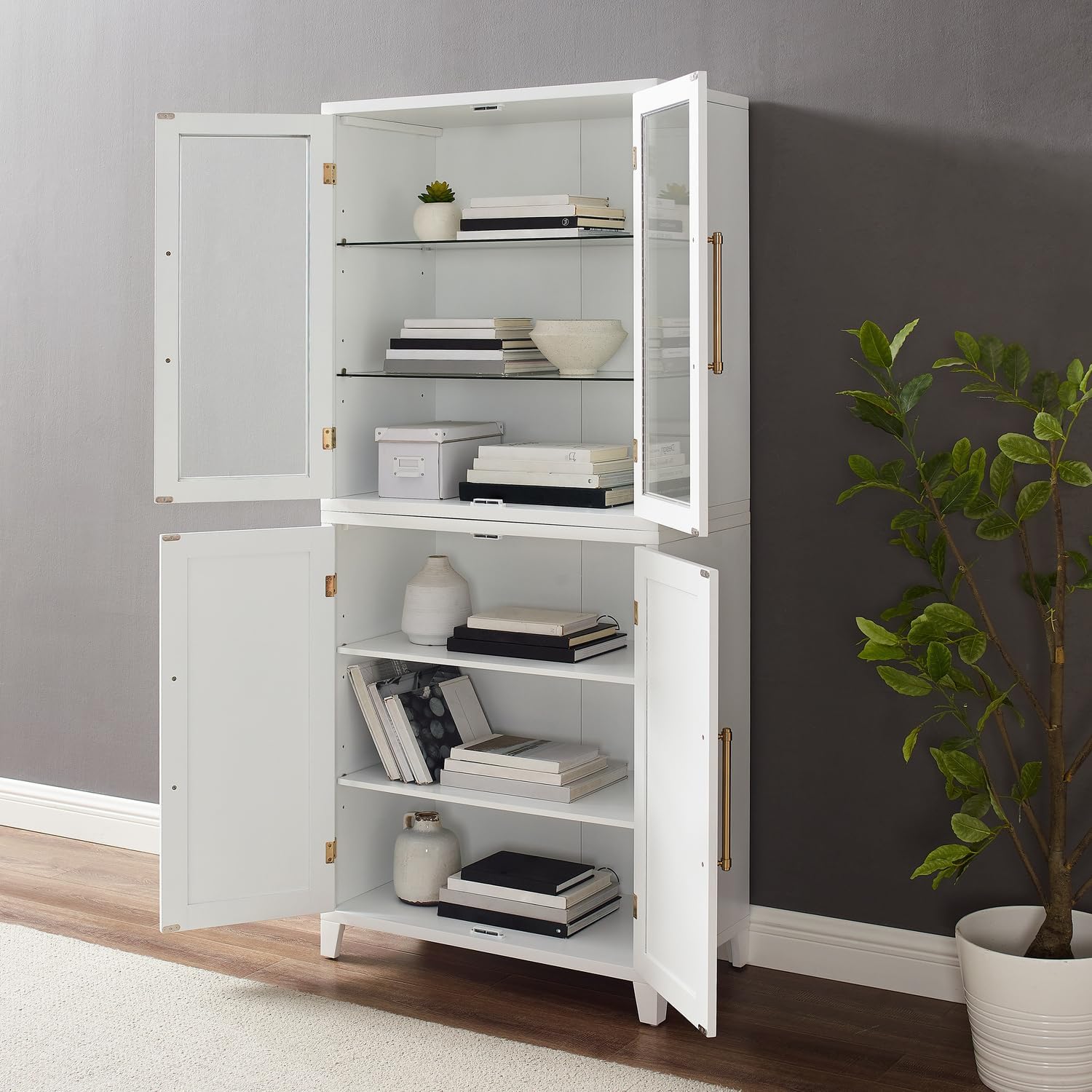 HomeStock Pantry Storage Cabinet with Glass Door - White Wood Kitchen Hutch & Shelves - 30" W x 15.75" D x 70.63" H