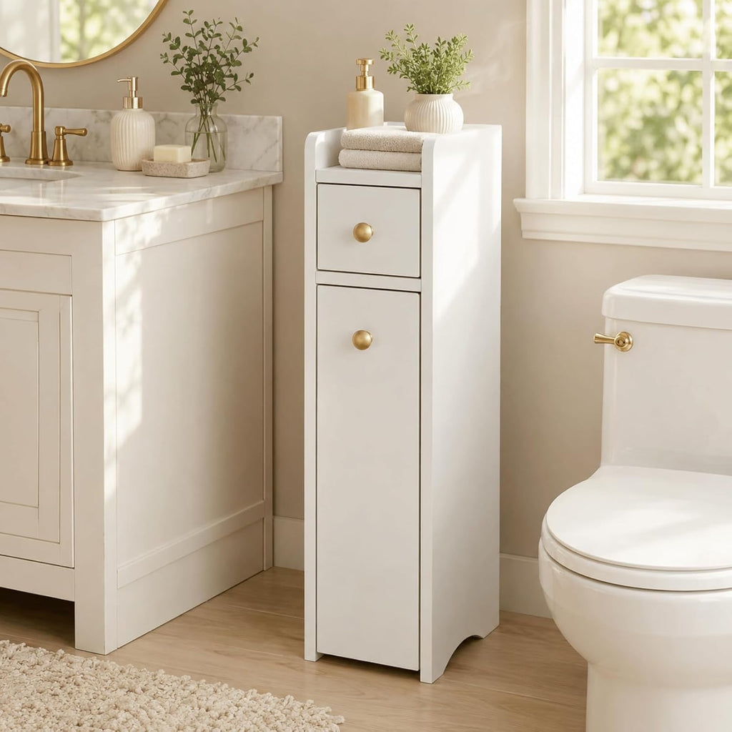 VINGLI Slim Bathroom Storage Cabinet, Narrow Storage Organizer with Slide Out Drawers, Freestanding Toilet Paper Holder, Small Space Skinny Cabinet for Bathroom Kitchen Corner, White