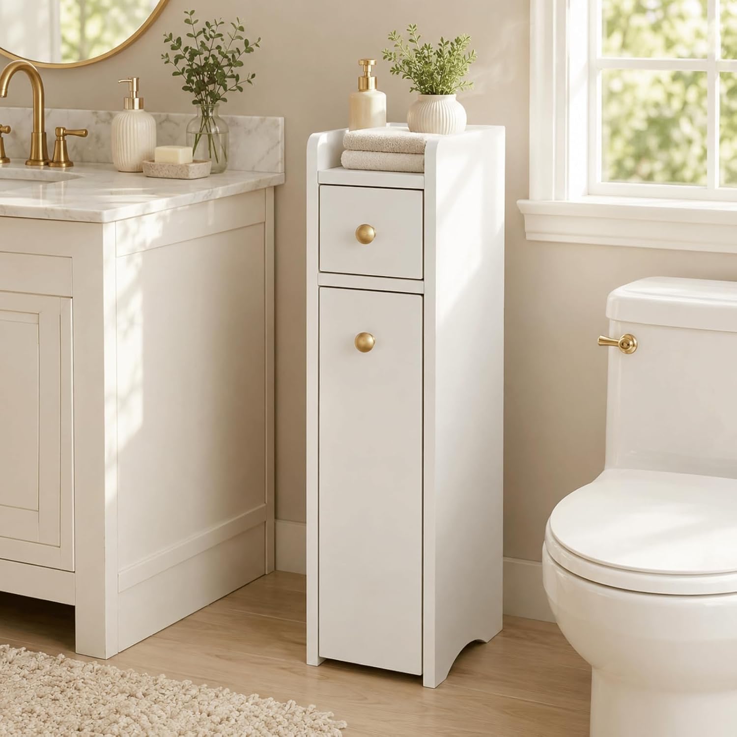 VINGLI Slim Bathroom Storage Cabinet, Narrow Storage Organizer with Slide Out Drawers, Freestanding Toilet Paper Holder, Small Space Skinny Cabinet for Bathroom Kitchen Corner, White