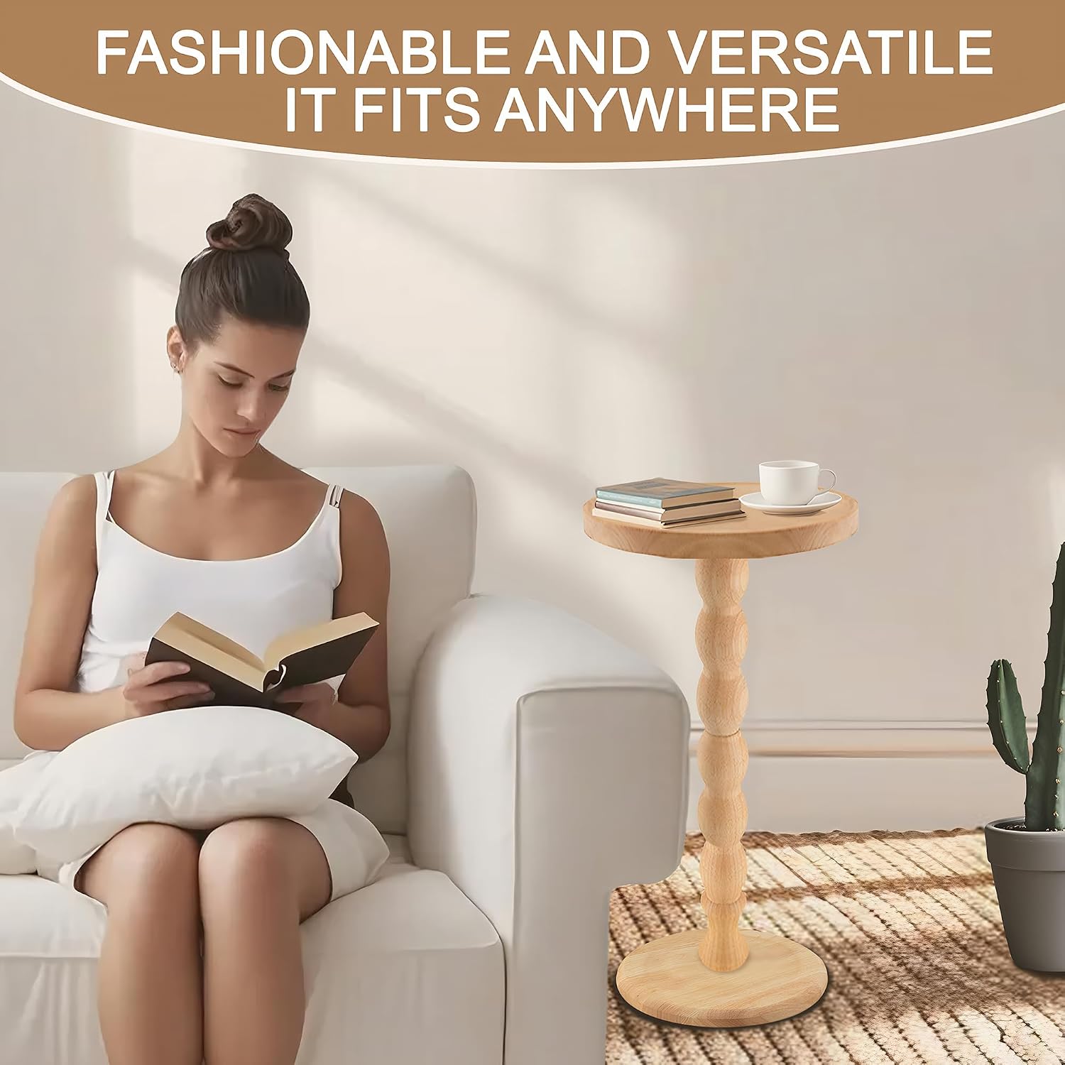 Round Side Table, Small Drink Table for Small Spaces, Modern Accent Nightstand with Solid Wood Leg for Living Room, Bedroom, Corners, and Office (Nature)
