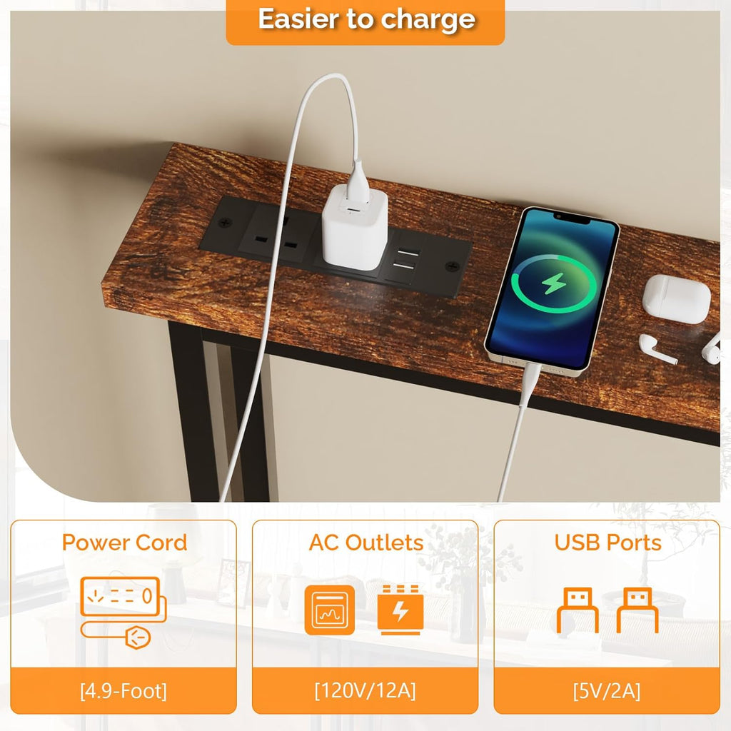 VINGLI 79" Console Table with Power Outlet, 5.9" Narrow Sofa Table Set of 2, Entryway Table with Charging Station & 4.9 Ft Extension Cord & Adjustable Feet, for Living Room, Hallway, Rustic Brown