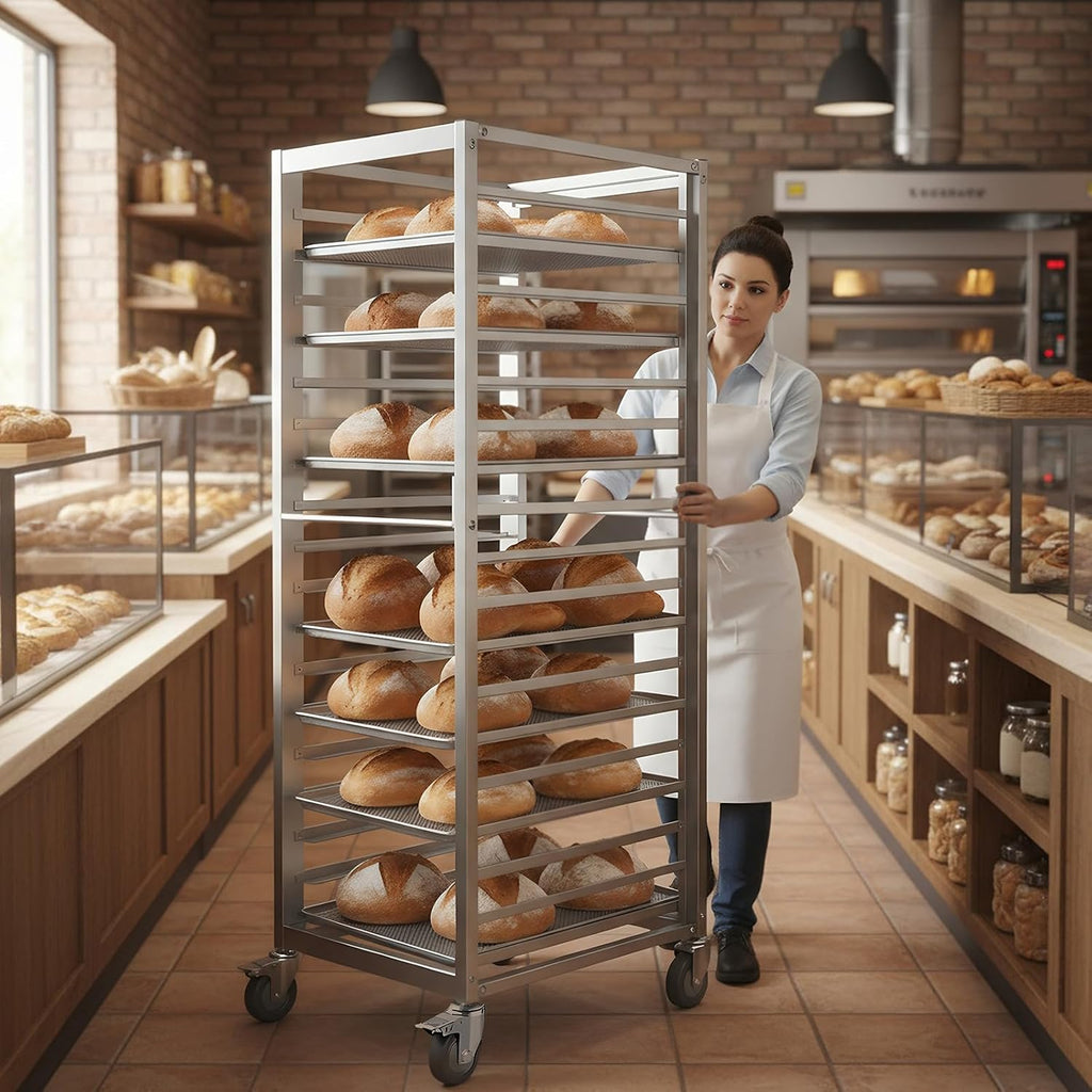 Bun Pan Rack,18 Tier Aluminum Commercial Bakery Racks with 4 Wheels, Home Commercial Kitchen Bakery Cooling Rack for Restaurant Cafeteria Pizzeria, 18.5" W x 24.6" Lx 70" H