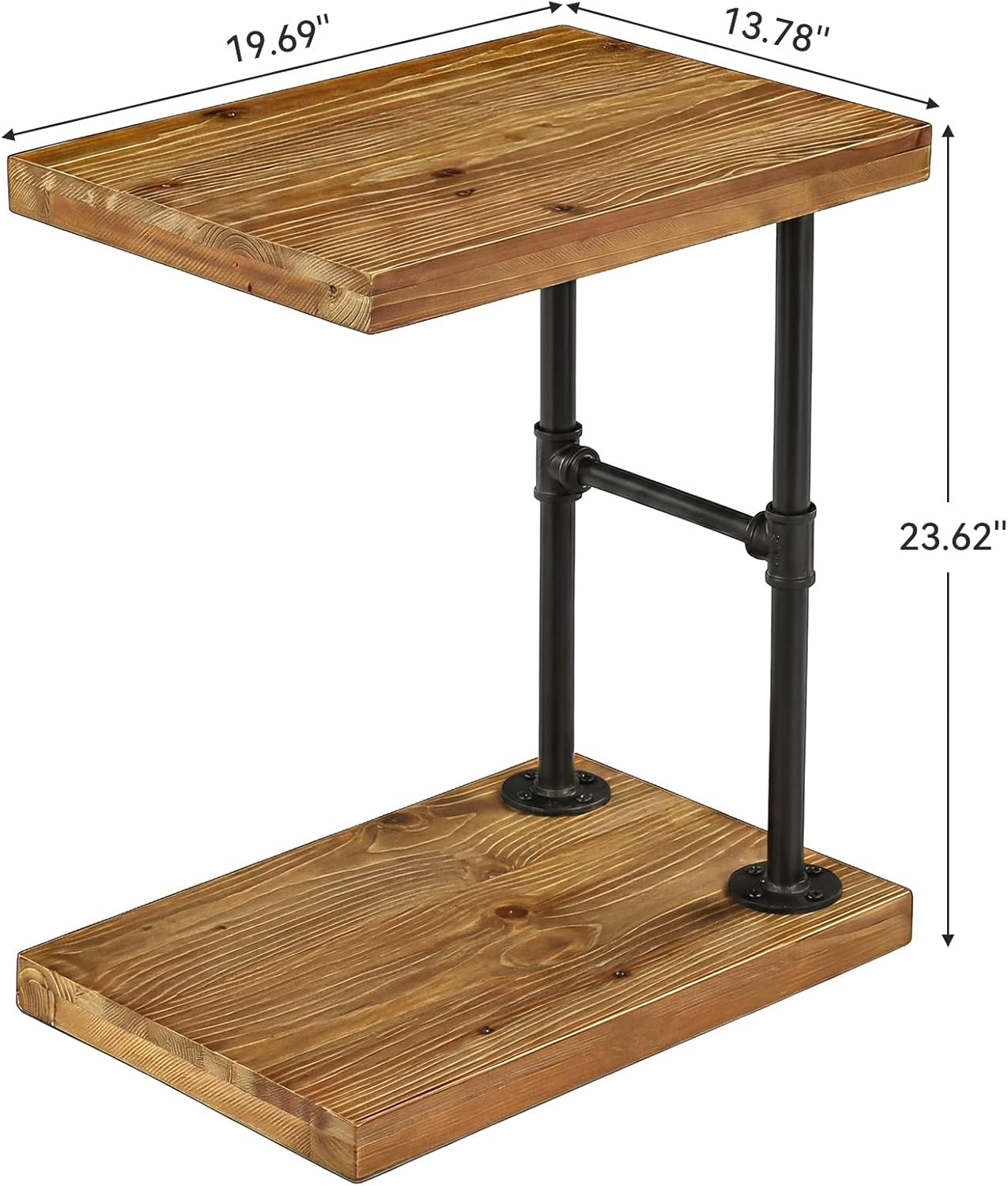 C Shaped Solid Wood End Table, Industrial Side Table with Shelf for Living Room Couch, Narrow Accent Table for Small Spaces, Rustic Laptop Stand for Sofa, Black Metal Frame