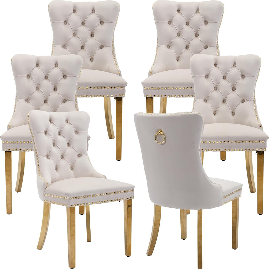 Velvet Dining Chairs Set of 6, Tufted Upholstered High Wingback Chairs with Nailhead Trim & Pull Ring, Golden Stainless Steel Legs for Dining Room, Sillas de Comedor, Beige