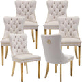 Velvet Dining Chairs Set of 6, Tufted Upholstered High Wingback Chairs with Nailhead Trim & Pull Ring, Golden Stainless Steel Legs for Dining Room, Sillas de Comedor, Beige
