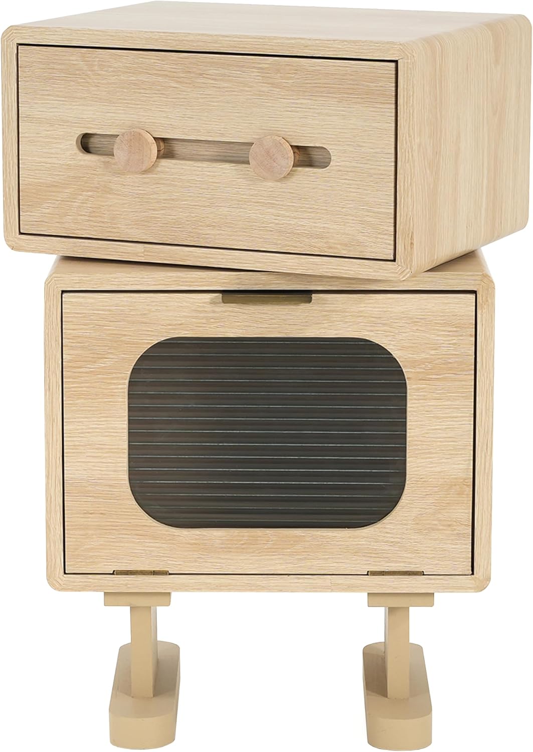 Christopher Knight Home Aurl Storage End Table, Tall Side Table, Robot Design, Rotating Tabletop, 2 Storage Drawers, Spacious Space for Organize, Wooden Nightstand for Living Room Bedroom, Natural