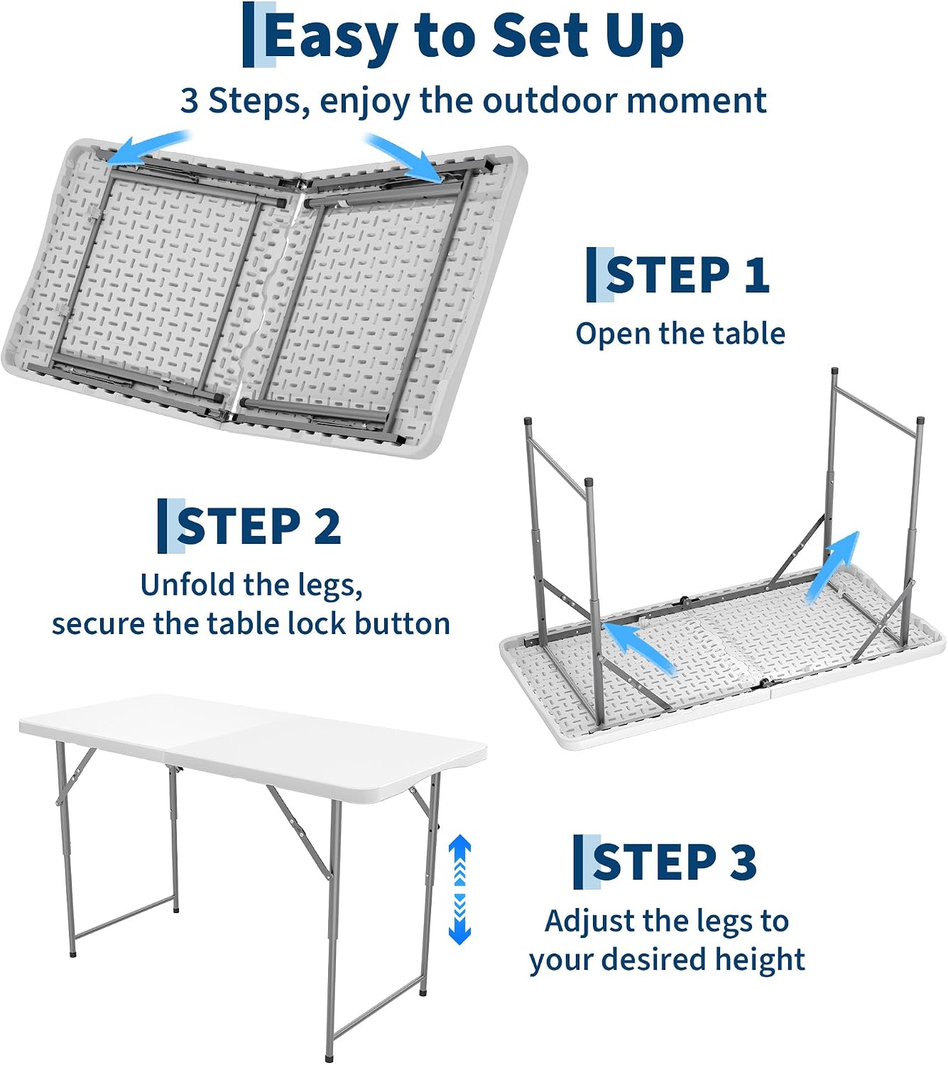 Garvee 4ft Folding Table HDPE Foldable Table with Carrying Handle 3 Adjustable Height Settings Metal Frame Support Up to 400LB Portable for Picnic Camping Party Indoor & Outdoor Use, 1 Pack White