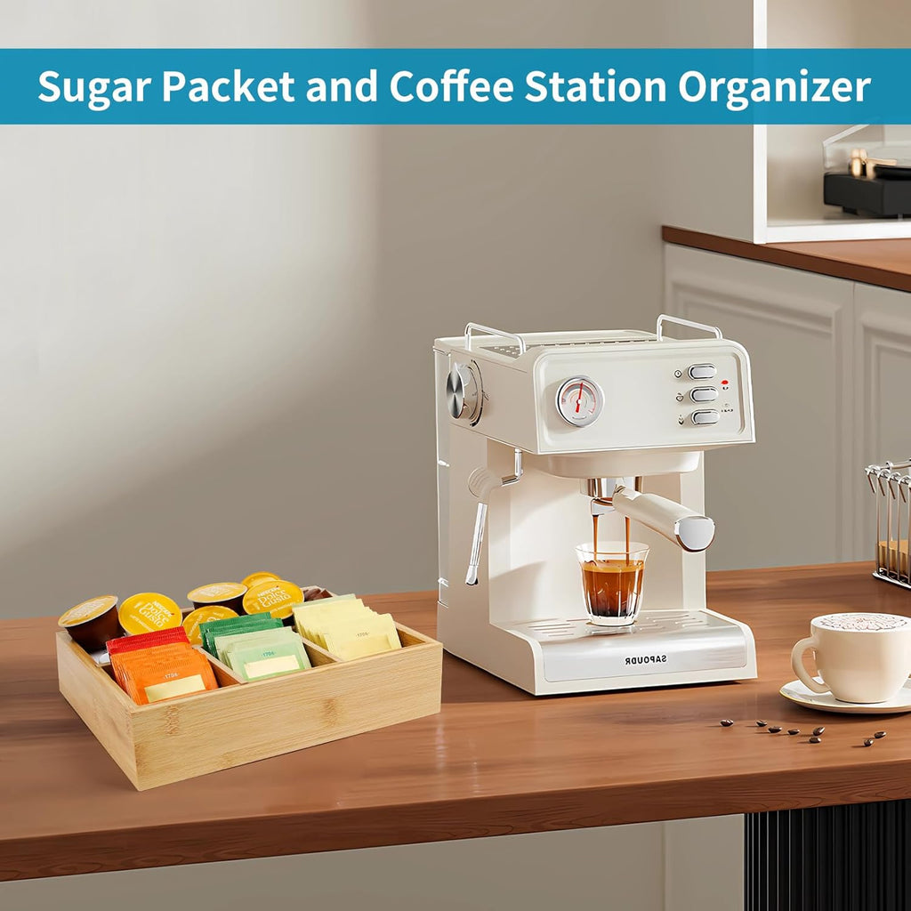 Tea Bag/Sugar Packet Holder,Coffee Station Condiment Organizer,Bamboo Tea Organizer,Large 4-Compartment Organizer Tray for Drawer/Shelf/Countertop,10.2 x 7.9 x 2.4 inch