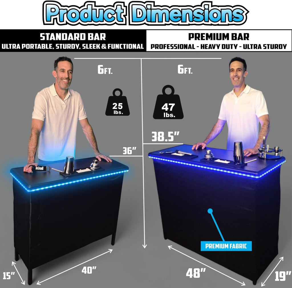 PartyLife Custom Premium Portable Bar Table w/LED Lights, Wireless Remote, Folding Legs, Black Fabric Bar Skirt, 2 Storage Shelves & 2 Carrying Bags | Commercial Grade | Strong & Sturdy