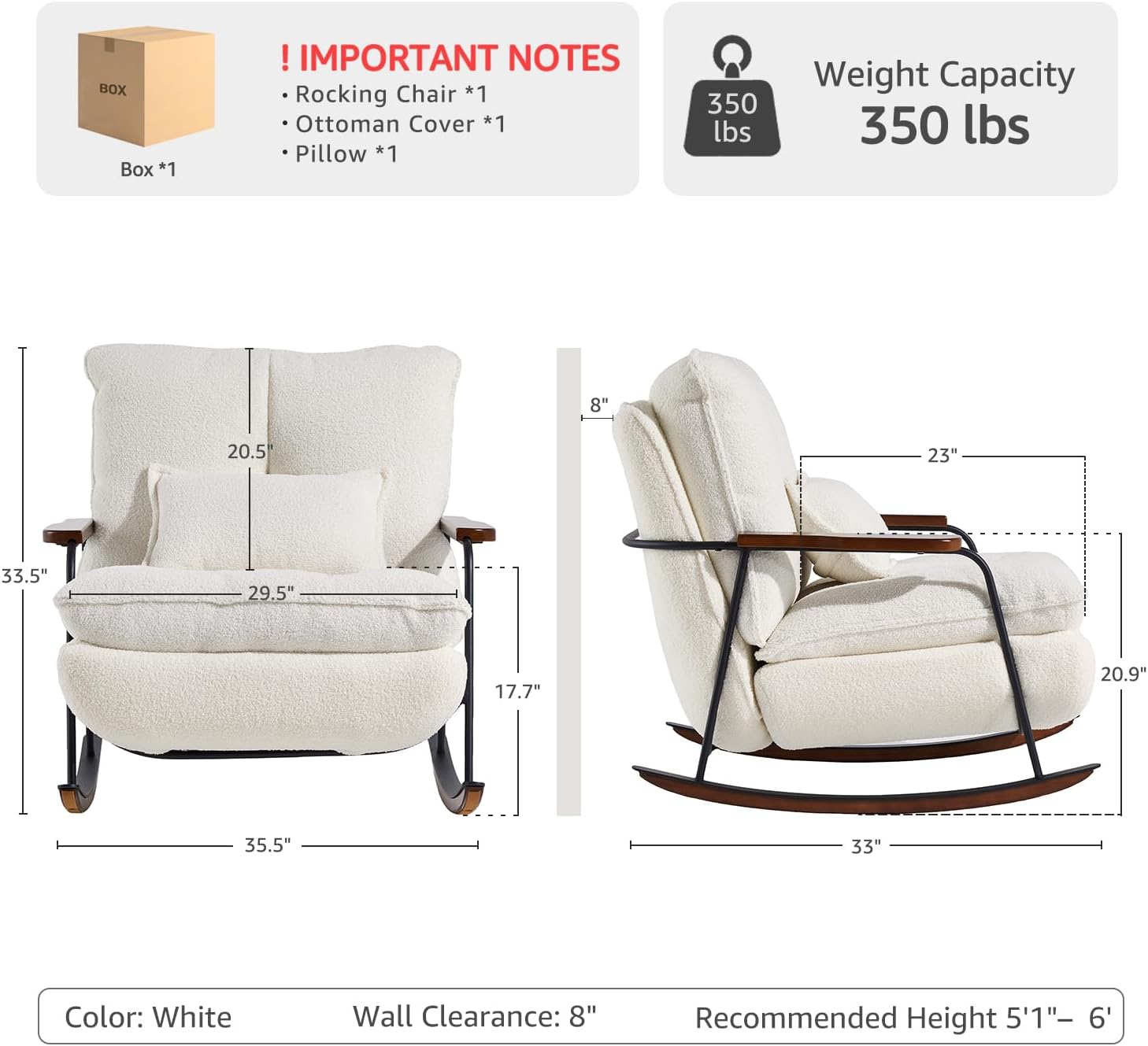 zyz Oversized Nursery Rocking Chair with Pillow, Teddy Upholstered Rocker Chair with Solid Wood & Steel Frame, 25° Gentle Rocking Accent Chair with DIY Ottoman Footrest for Living Room Bedroom, White