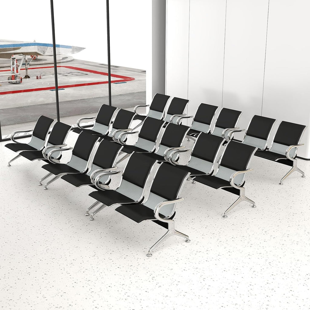 kinbor 2-Seat Waiting Room Chairs with Arms - Set of 3 Modern PU Leather Reception Bench for Airport, Hospital, Office Lobby - Breathable Mesh & Durable Steel Waiting Area Furniture (Black)