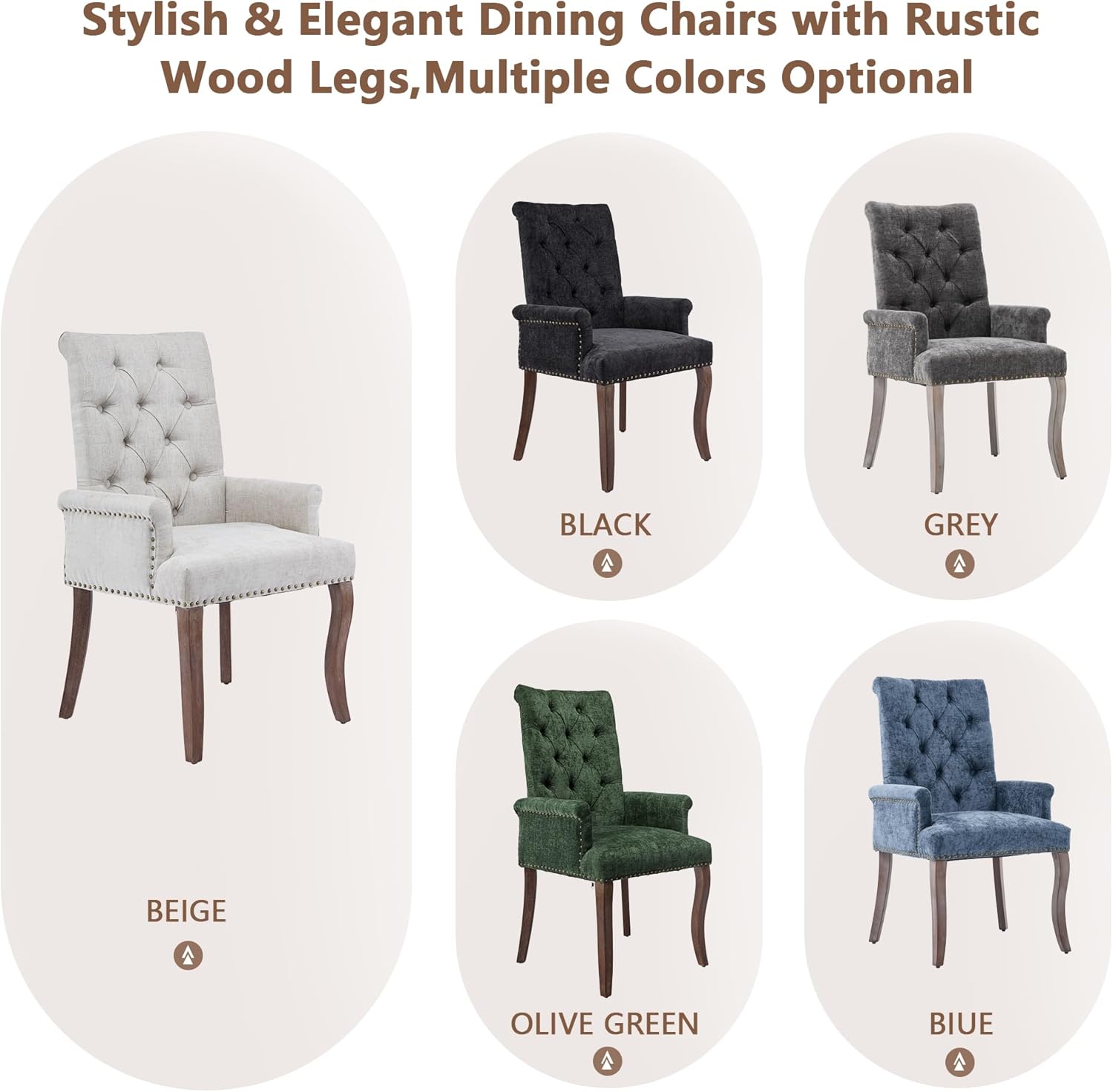 mikibama Chenille Upholstered Dining Chairs with High Back Set of 2,Vintage Tufted Kitchen Chairs with Rolled Arms,Farmhouse Fabric Accent Side Chair with Arms for Living Room (2, Black)