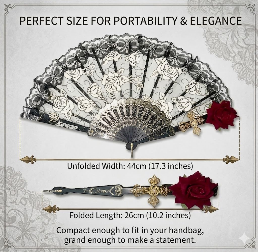 Gothic Lace Folding Hand Fan with Red Rose & Cross, Vintage Black Floral Fan for Lolita, Cosplay, Halloween, and Wedding, Elegant Victorian Style Fan for Women