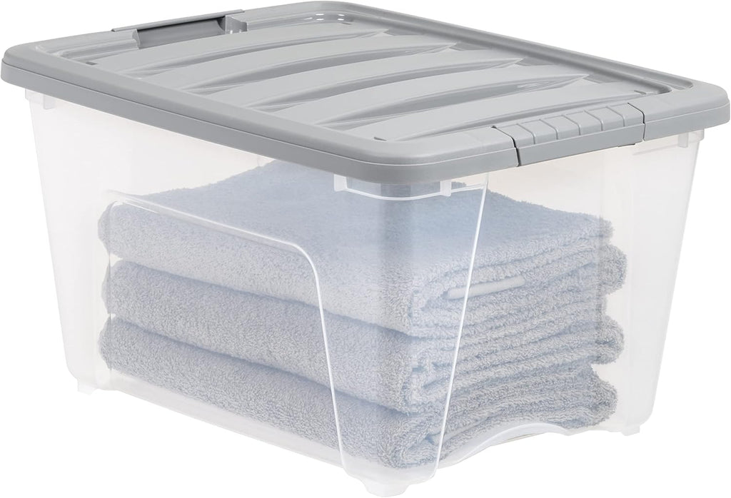 Amazon Basics Plastic Storage Containers with Secure Latching Lids, Stackable Organization Bins, Clear/Grey, 32 Quart, Set of 6