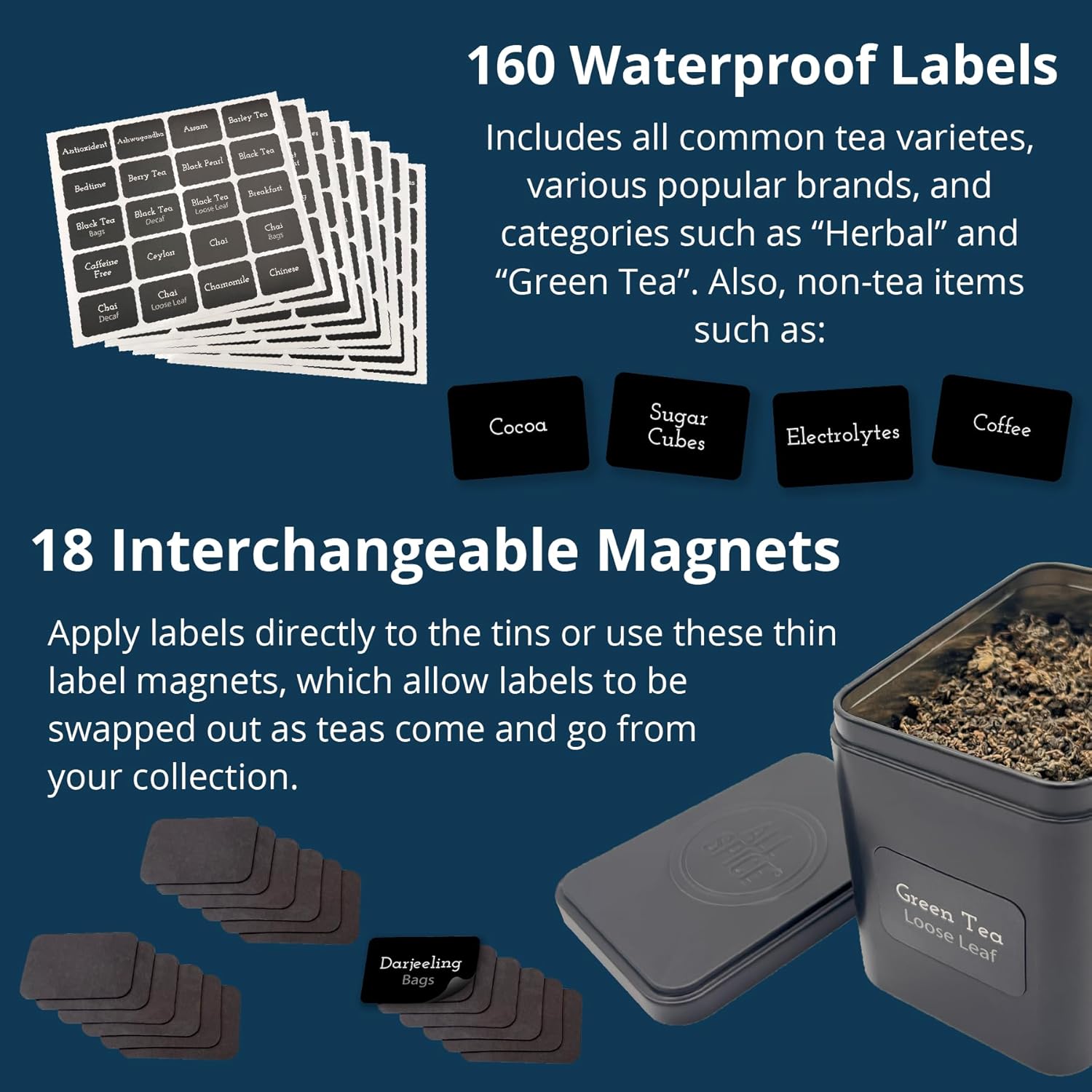 AllSpice Tea Organizer Rack with 9 Tins & 160 Magnetic Labels – Perfect for Bagged & Loose Leaf Tea Organization - Walnut