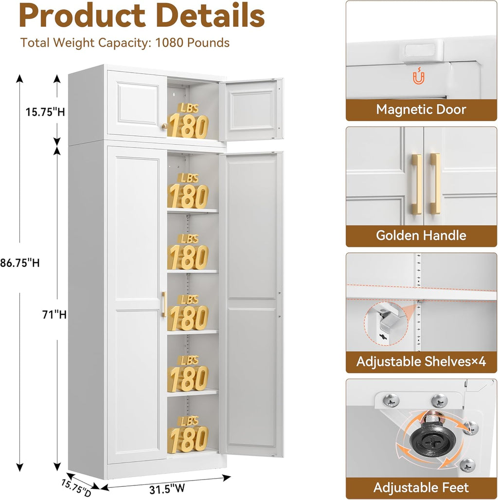 Polup Kitchen Pantry Cabinet, 86 Inch Tall Metal Storage Cabinet, Food Pantry cabinets with Doors and Shelves, White Storage Cabinets for Living Room, Dining, Office, Bathroom, Assembly Required