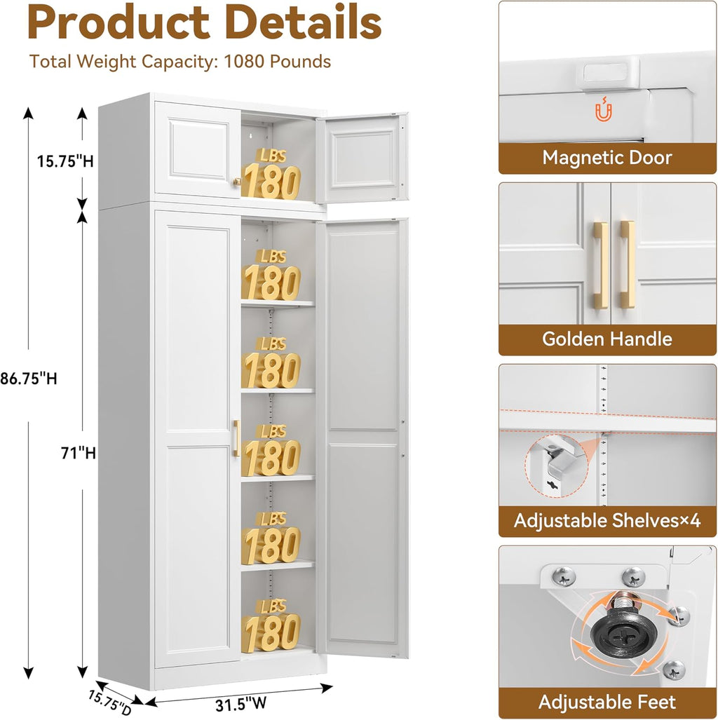 Polup Kitchen Pantry Cabinet, 86 Inch Tall Metal Storage Cabinet, Food Pantry cabinets with Doors and Shelves, White Storage Cabinets for Living Room, Dining, Office, Bathroom, Assembly Required