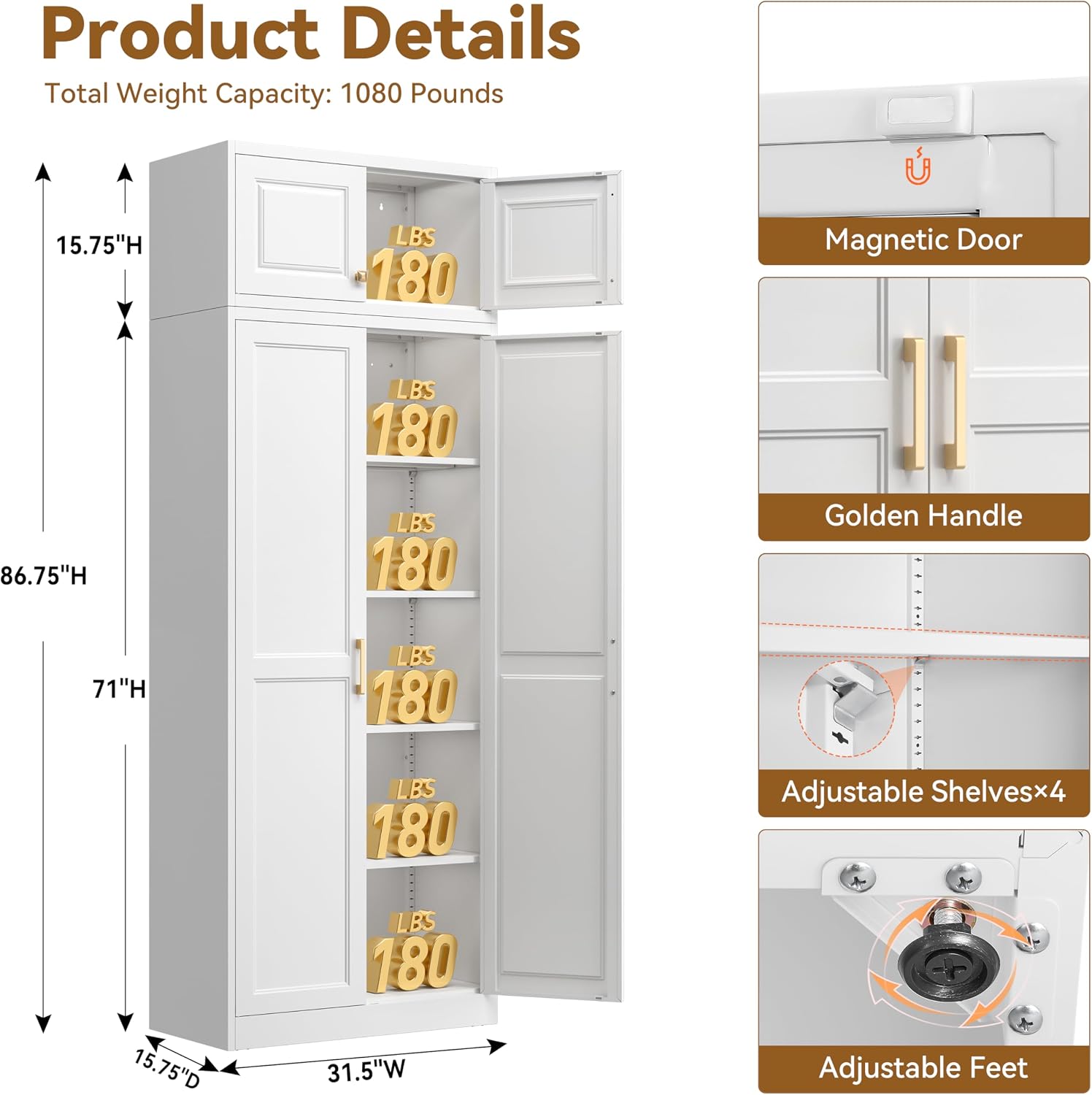 Polup Kitchen Pantry Cabinet, 86 Inch Tall Metal Storage Cabinet, Food Pantry cabinets with Doors and Shelves, White Storage Cabinets for Living Room, Dining, Office, Bathroom, Assembly Required