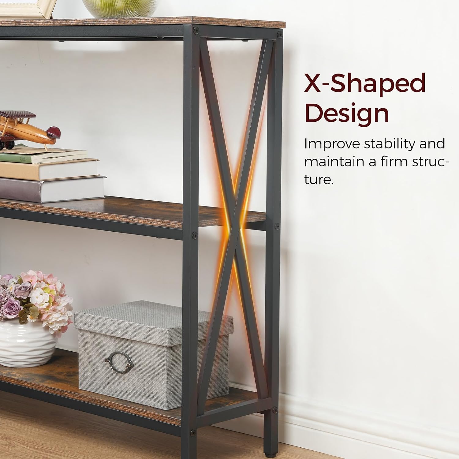 MAHANCRIS 47.2" Sofa Table, Industrial Console Table, 3-Tier Narrow Sofa Table with Storage Shelves, Foyer Table for Entryway, Hallway, Kitchen, Living Room and Bedroom, Rustic Brown CTHR800201