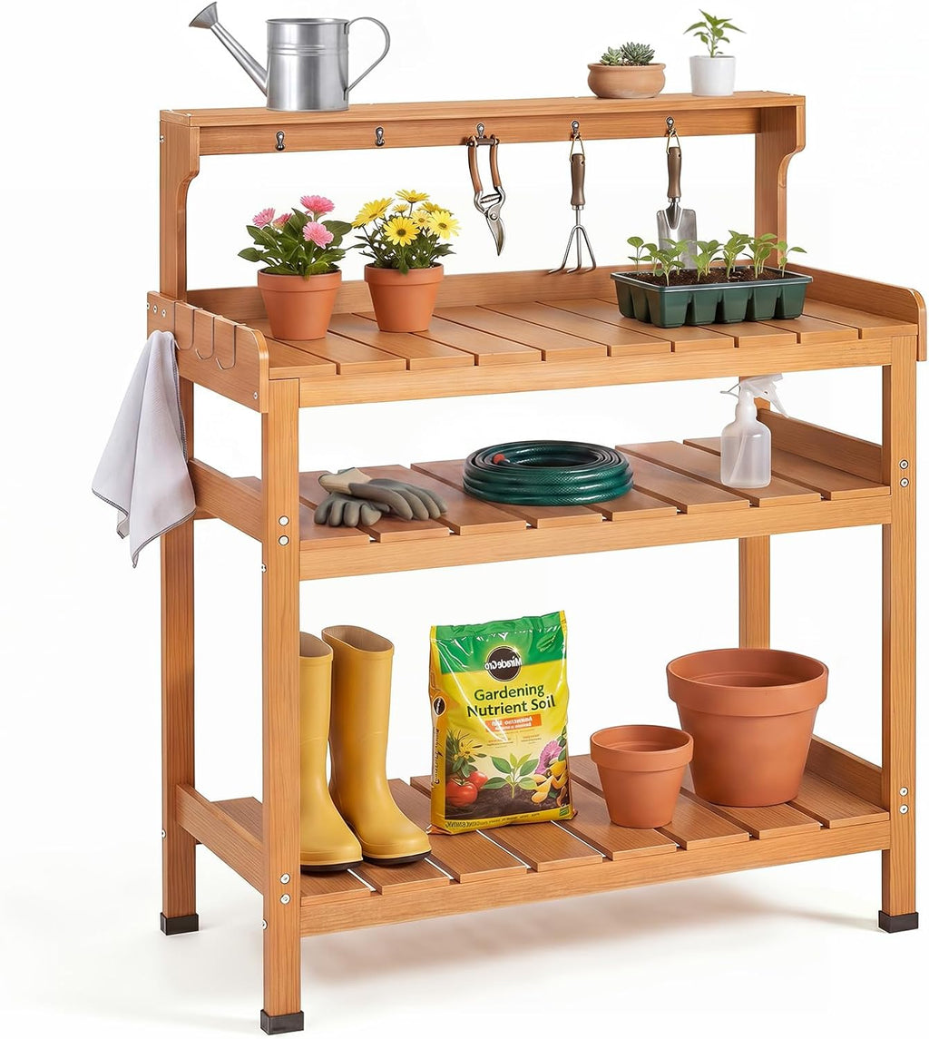 Frogprin Potting Bench for Women Men, HDPS Outdoor Garden Table Workstation with 9 Hooks, 4-Tier Rack, All-Weather Waterproof Workbench for Outside Garden - Teak, Extra-Large, 35.6''X16.5''X45.5''