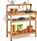 Frogprin Potting Bench for Women Men, HDPS Outdoor Garden Table Workstation with 9 Hooks, 4-Tier Rack, All-Weather Waterproof Workbench for Outside Garden - Teak, Extra-Large, 35.6''X16.5''X45.5''