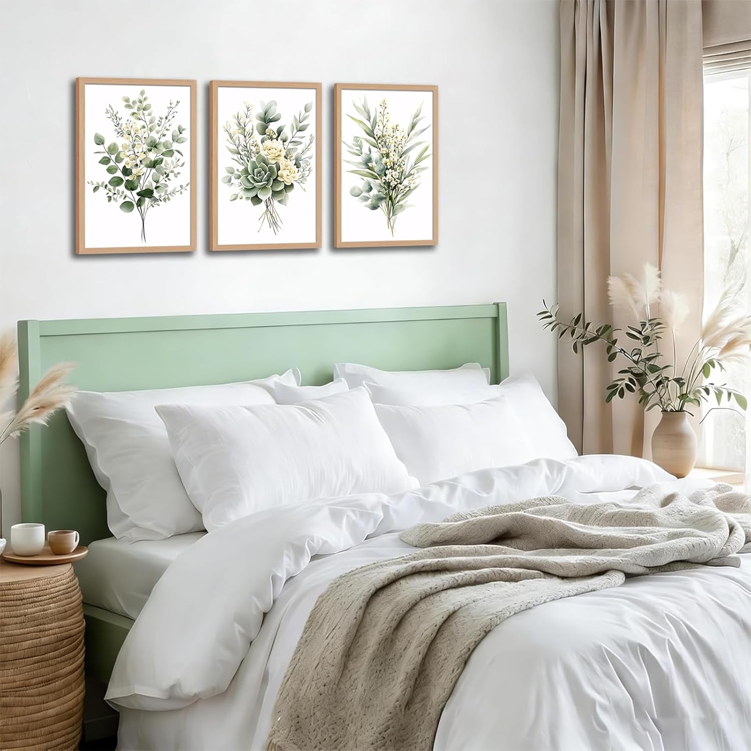 3Pcs Framed Vintage Botanical Wall Art Plant Floral Watercolor Canvas Prints Sage Green Painting Eucalyptus Leaf Picture Modern Minimalist Boho Bedroom Bathroom Living Room Ready to Hang 12x16in