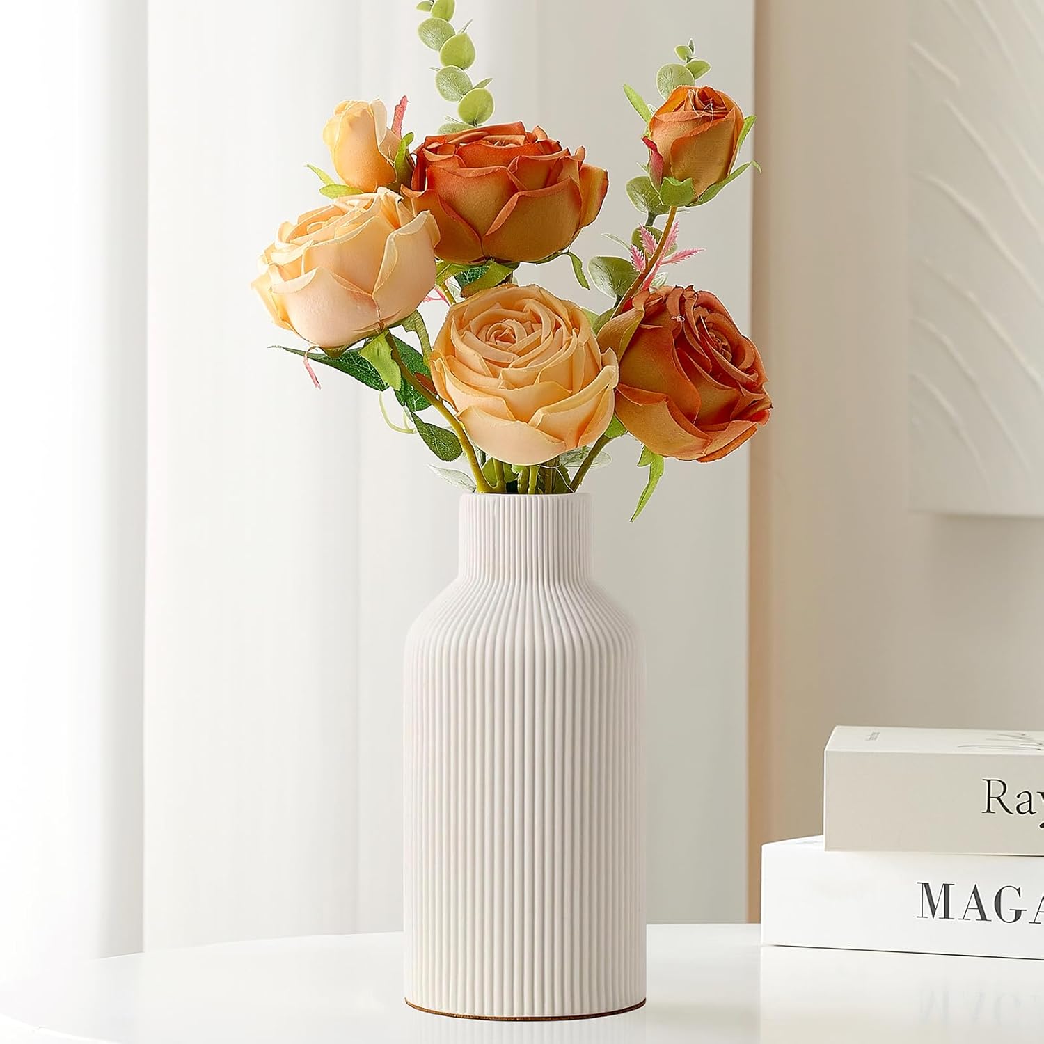 Mfacoy White Ceramic Flower Vase, Minimalist Decor, Modern Home Decorative Vase, Small Pampas Grass Vases For Kitchen, Bedroom, Office, Living Room, Bathroom, Shelf Centerpiece Table Decorations(8 in)