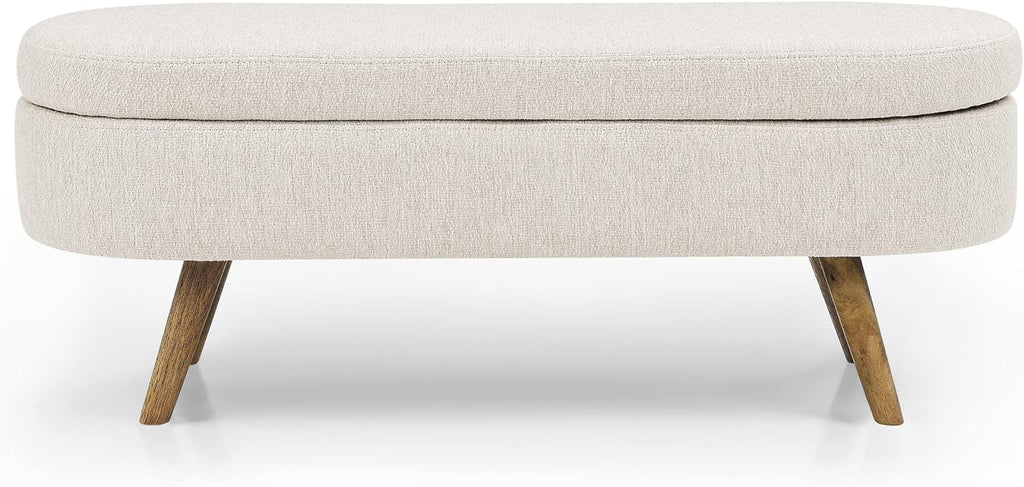 Mid-Century Modern Storage Ottoman Bench, Cream Boucle Upholstery, Oval Shape, Wood Legs, Bedroom Entryway