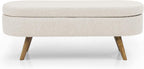 Mid-Century Modern Storage Ottoman Bench, Cream Boucle Upholstery, Oval Shape, Wood Legs, Bedroom Entryway