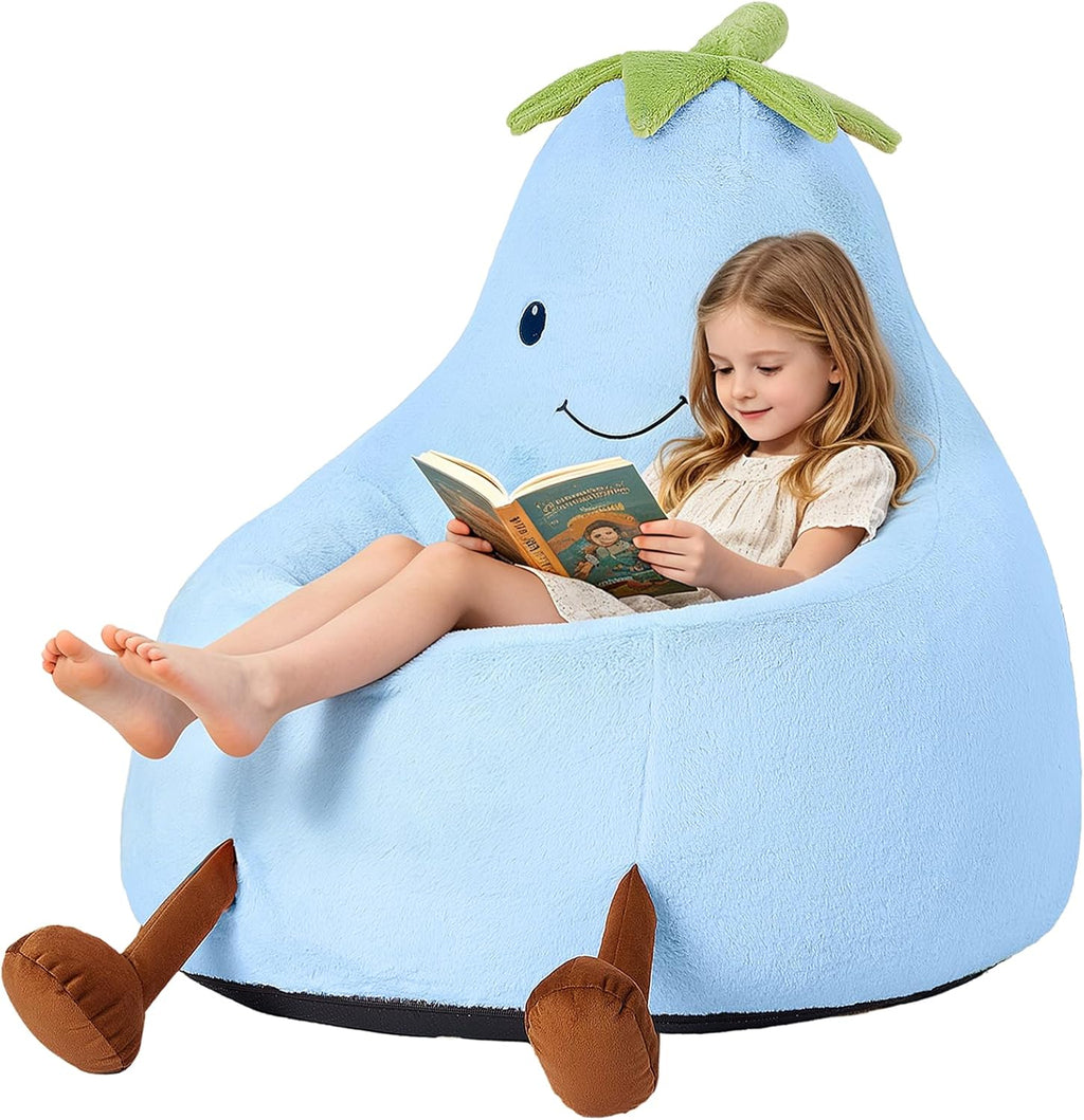 2FT Memory Foam Bean Bag Chair - Ultra Soft Faux Rabbit Fur Round Sofa with Handle & Machine Washable Cover, Comfy Lazy Chair for Kids Teens, Perfect for Reading Gaming in Living Room Bedroom, Blue
