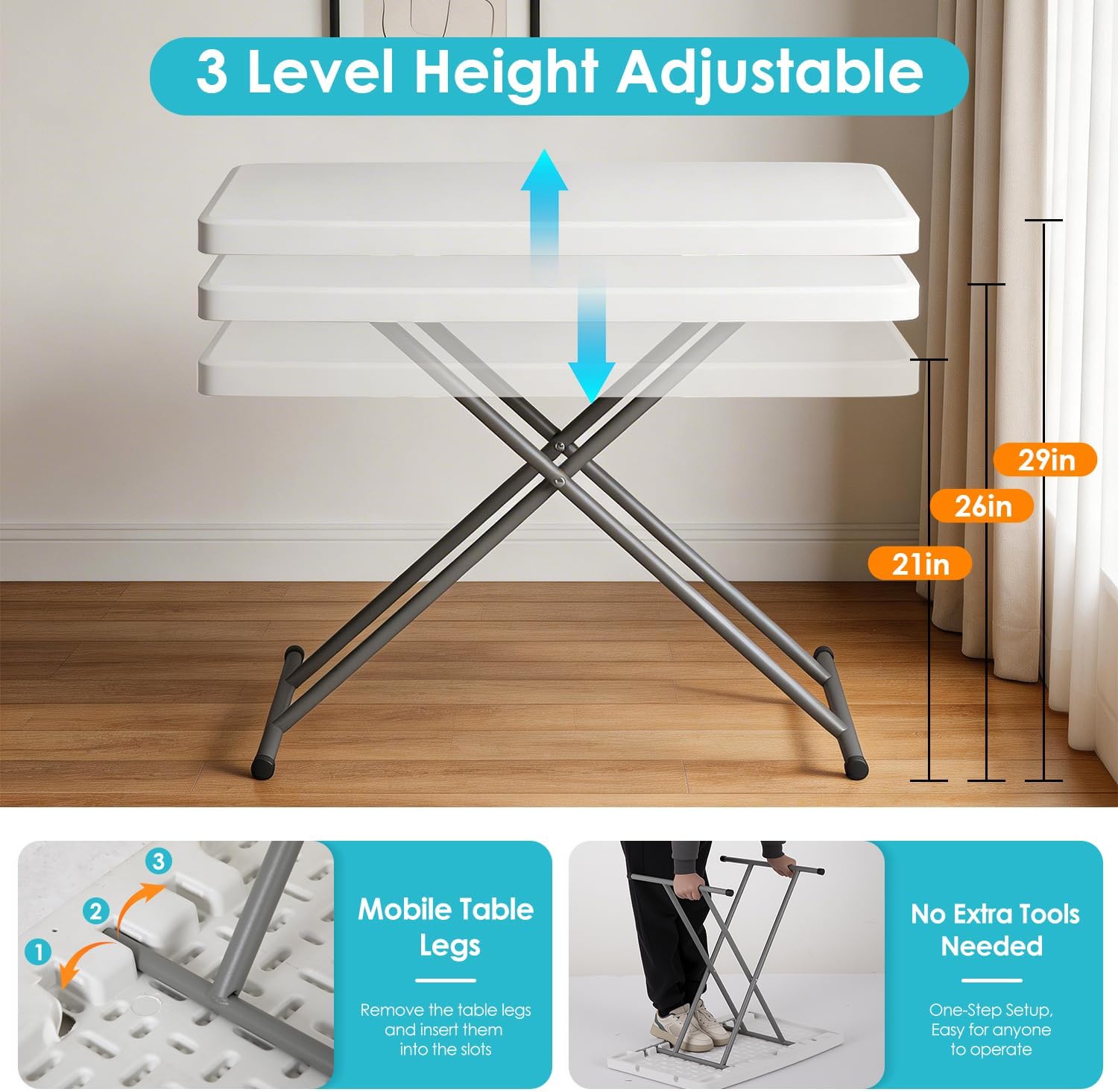 FDW 30 Inch Folding Table, Utility Foldable Table for Small Spaces, Small Desk Adjustable Height TV Tray for Laptop, Couch, Camping, No Assembly Required, White