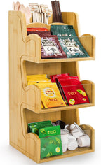 3 Tier Bamboo Coffee Condiment Station, 6 Compartments Coffee Tea Holder with Removable Acrylic Front Wall, Tabletop Organizer Sugar Pod Utensil for Countertop, Office, Home, Kitchen