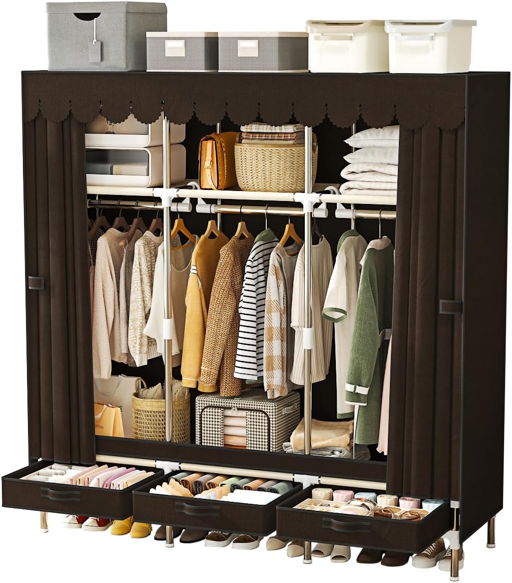 Portable Wardrobe 3 Rods 3 Drawers 3 Compartments Non-Woven Fabric Metal Frame Small Room (Brown, 57.5 in)