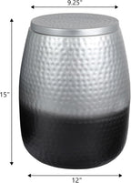 happimess SSL2001E Merida 15" Modern Rustic Hammered Metal Drum Storage Side Table with Lid, End Table for Decoration in Living Room, Bedroom, Bathroom, Silver/Black