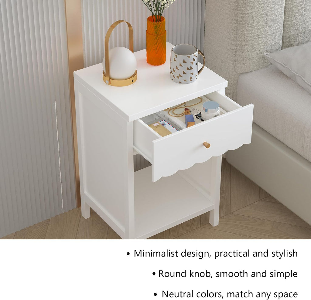 Kids Night Stand, Modern Nightstand with Drawer and Open Shelf, Scalloped Edge Small End Side Table for Living Room, Cute Minimalist Bedside Table for Kids Room or Girls' Room, White