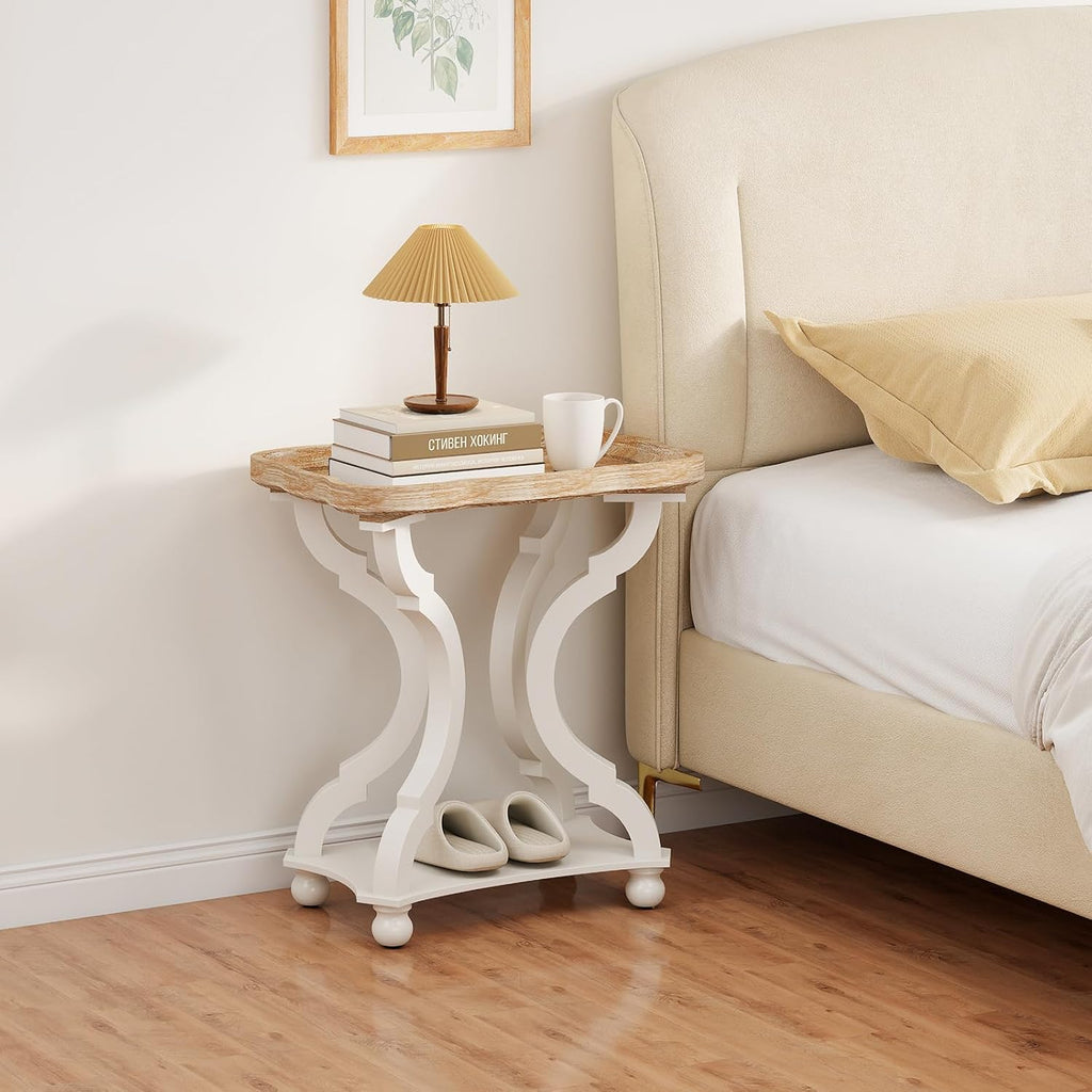 Farmhouse End Table, 24" H Rustic Side Table with Storage Shelf, French Country Distressed End Table for Living Room Bedroom, Cream White