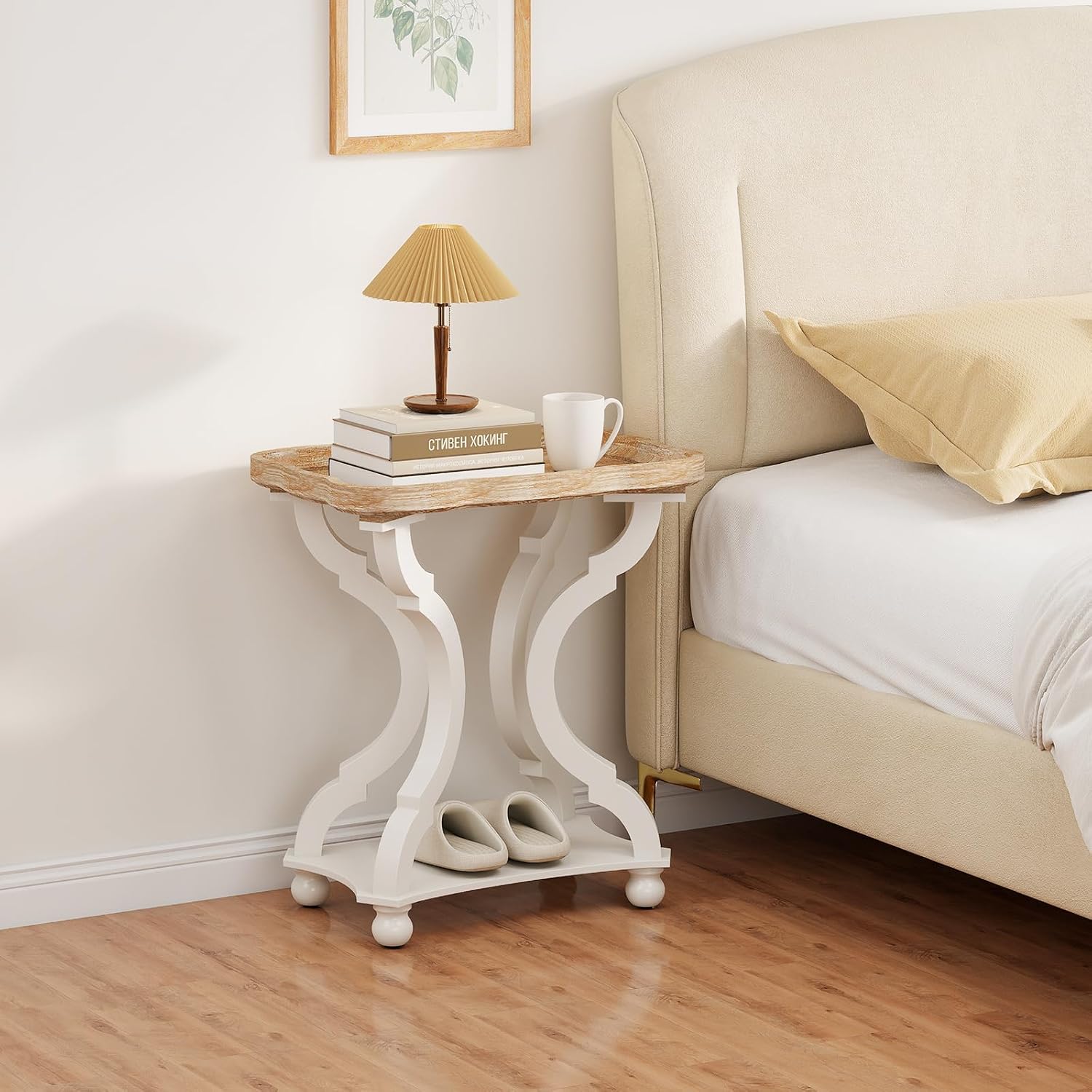 Farmhouse End Table, 24" H Rustic Side Table with Storage Shelf, French Country Distressed End Table for Living Room Bedroom, Cream White