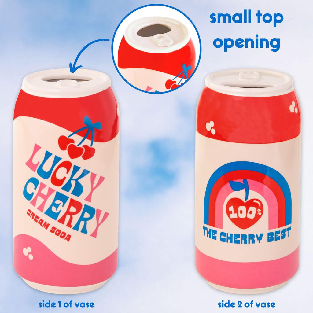 ban.do Small Ceramic Vase, Lucky Cherry Cream Soda Can | Petite and Colorful Retro Inspired Flower Vase or Shelf Decor for Aesthetic Food Theme Home Decor