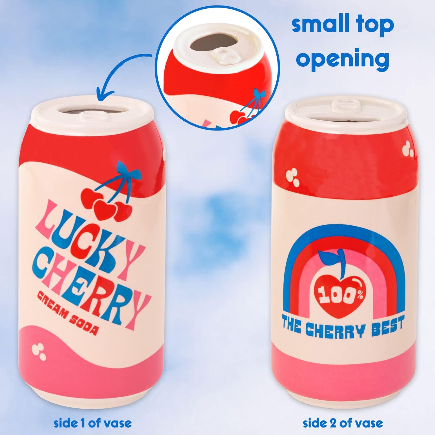 ban.do Small Ceramic Vase, Lucky Cherry Cream Soda Can | Petite and Colorful Retro Inspired Flower Vase or Shelf Decor for Aesthetic Food Theme Home Decor