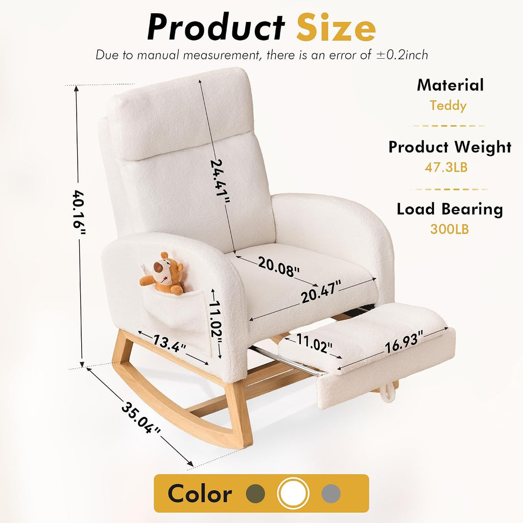 FOXHUNTER Rocking Chair for Nursery with Foot Rest Side Pocket Teddy, White | High Backrest,Headrest,Wooden Base Non-Slip Pads,Nursing Rocking Chair for Breastfeeding,Baby Bedroom,Living Room