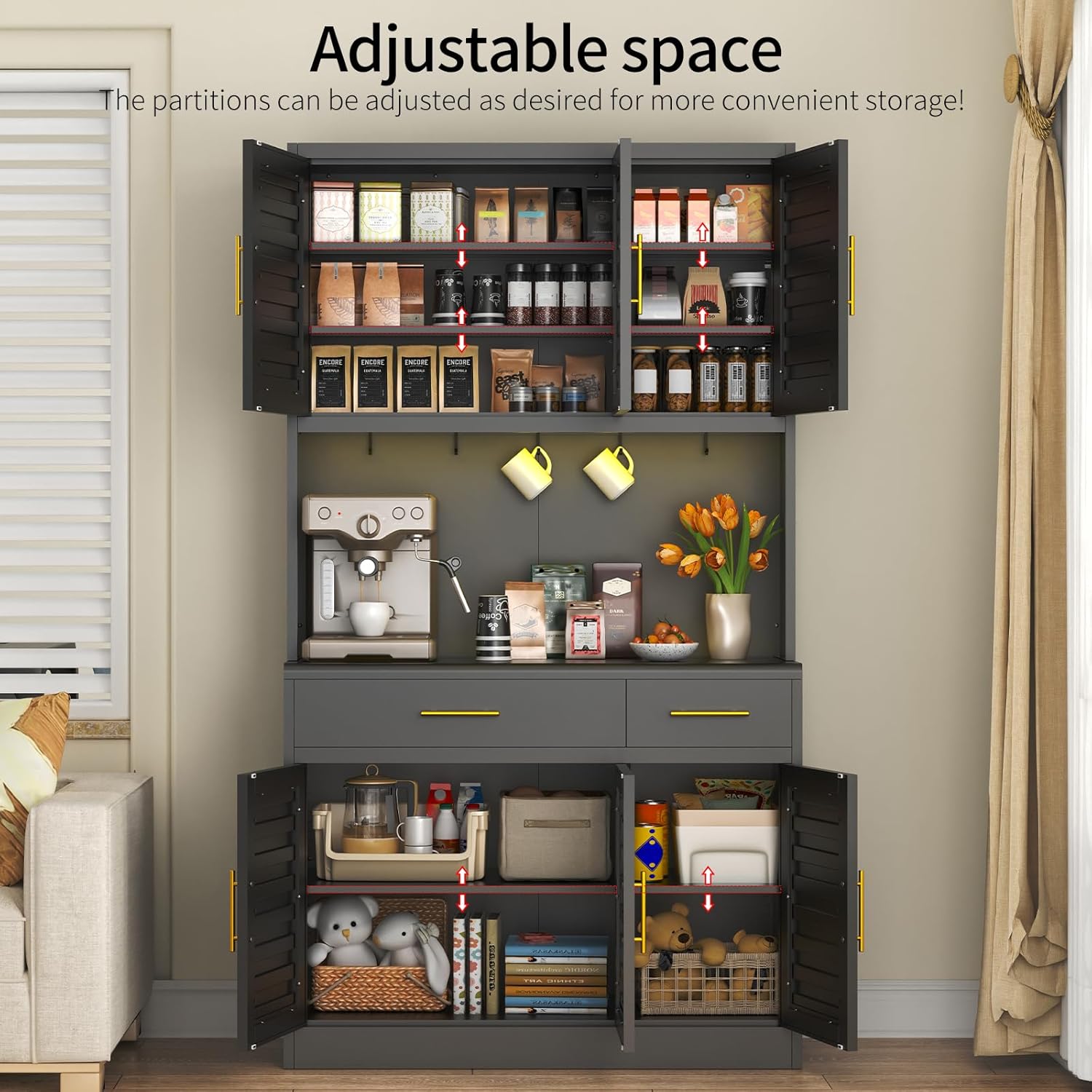 71" Tall Kitchen Pantry Cabinet with 6 Adjustable Shelves, Large Capacity Kitchen Hutch Storage Cabinet with Microwave Stand, 2 Storage Drawers for Dining Room, Kitchen