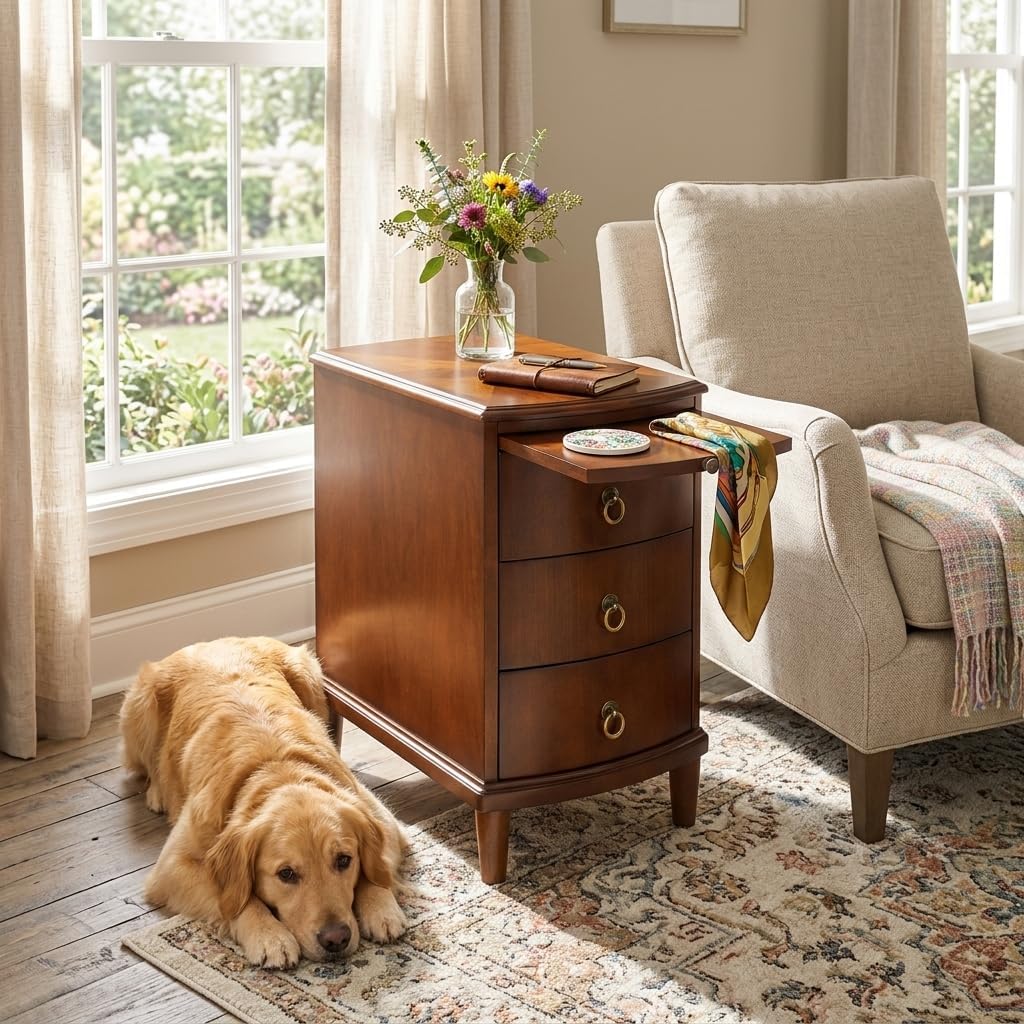 Vintage End Side Table with Slide-Out Tray and 3 Storage Drawers, Sofa Side Table for Small Space, Beside Table for Living Room, 13”W x 22”L x 22.6”H,No-Tools Assembly, Beeswax BG-A1569-MG