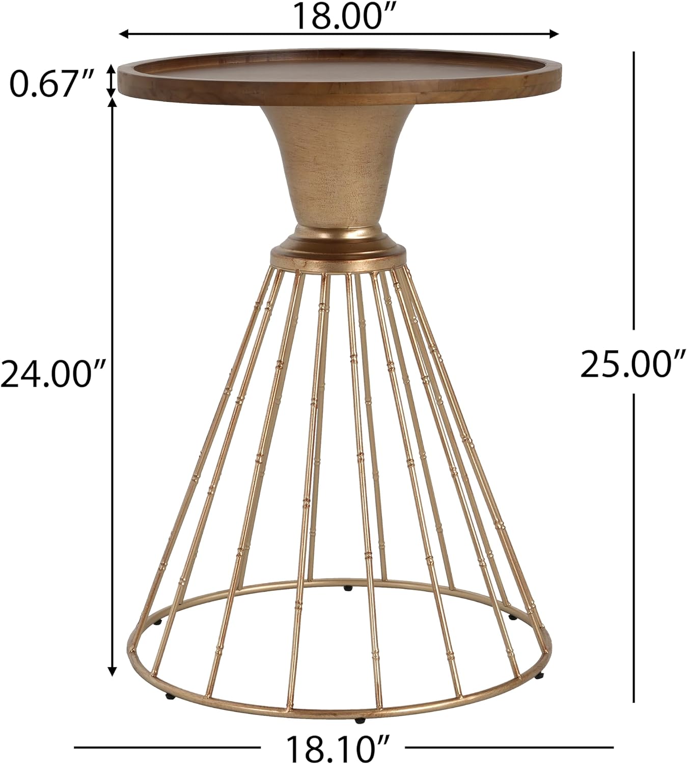 25" Pine Wood & Iron Side Table, End Table with Anti-Slip Concave Top, Small Table with Retro Hollow Design for Indoor Spaces, Antique Gold,Natural